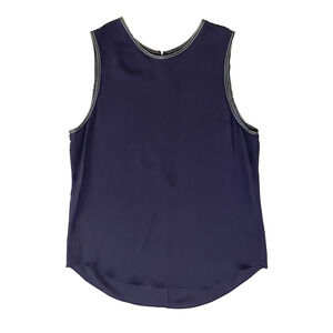 Theory Navy Blue Scoop Neck 100% Silk Tank Top Blouse Leather Trim Sz L Office